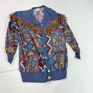 VTG Young Stuff Top Shirt Womens Small Aztec Fringe Festival Boho Blue Southwest